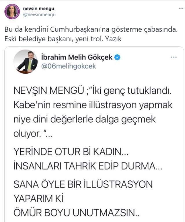 Melih Gökçek'ten, tutuklanan şüphelileri savunan Nevşin Mengü'ye tepki: Öyle bir illüstrasyon yaparım ki ömür boyu unutamazsın