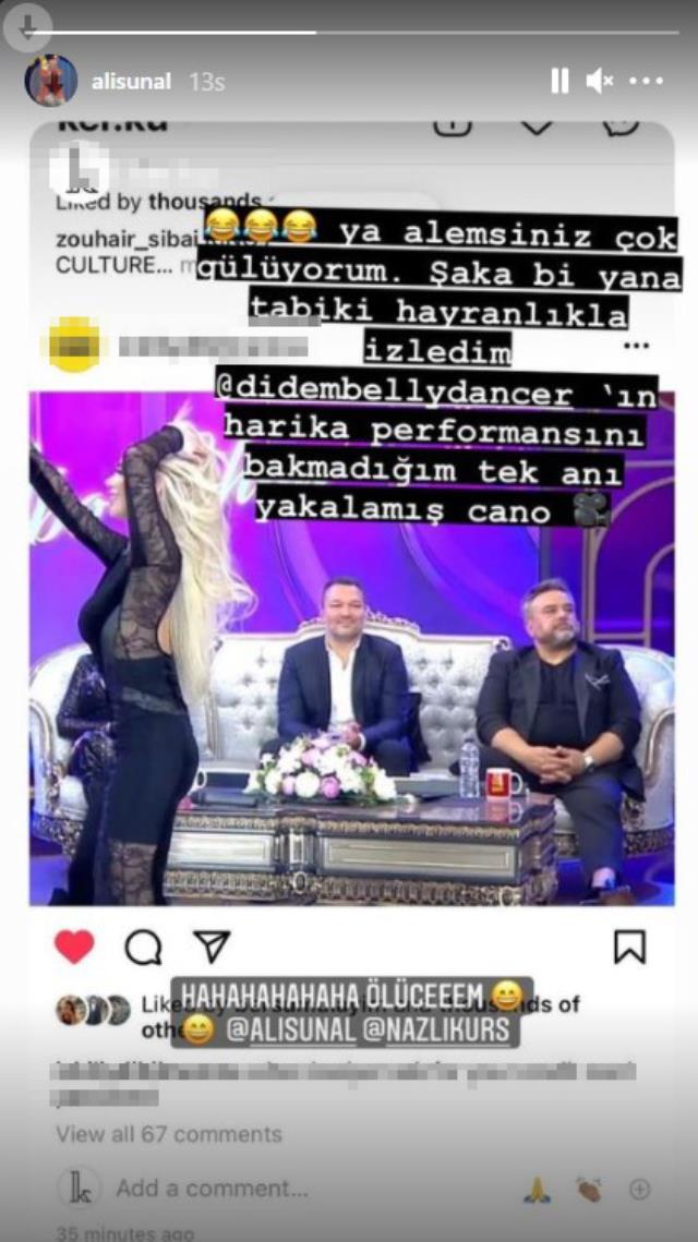 Oryantal Didem dans ederken kafasını çeviren Bülent Serttaş açıklama yapmak yerine destek yorumlarını paylaştı