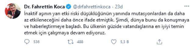 Sağlık Bakanı Koca'dan inaktif aşı paylaşımı Açıklaması