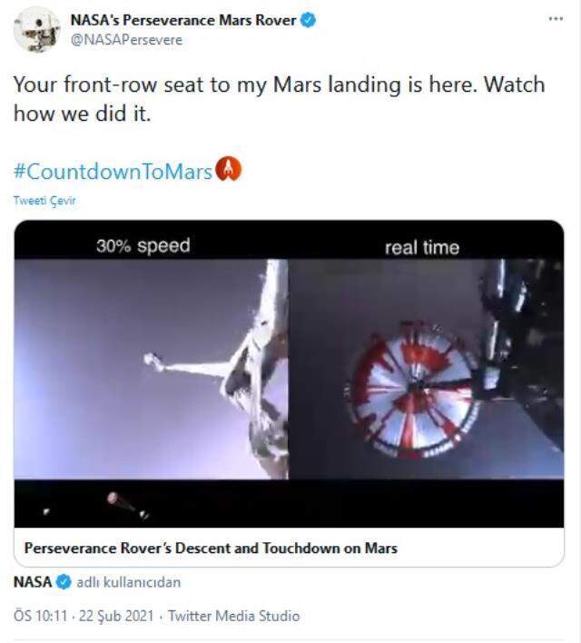 NASA, Perseverance'ın Mars'a iniş anının görüntülerini yayınladı NASA, Perseverance'ın Mars'a iniş anının görüntülerini yayınladı
