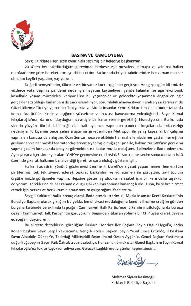 Kırklareli Belediye Başkanı Mehmet Siyam Kesimoğlu 2 yıl sonra CHP'ye geri döndü