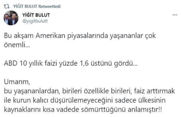 Erdoğan'ın Başdanışmanı Yiğit Bulut'tan Merkez Bankası Başkanı'na yüksek faiz eleştirisi