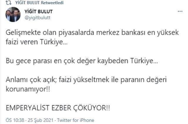 Erdoğan'ın Başdanışmanı Yiğit Bulut'tan Merkez Bankası Başkanı'na yüksek faiz eleştirisi