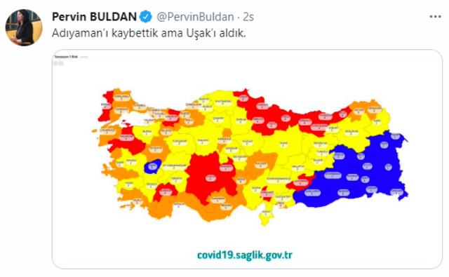 Bakan Koca'nın paylaştığı risk haritasını değerlendiren Pervin Buldan: Adıyaman'ı kaybettik ama Uşak'ı aldık