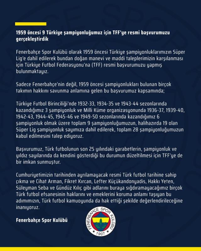 Fenerbahçe, 28 şampiyonluk için resmi başvuruyu yaptı