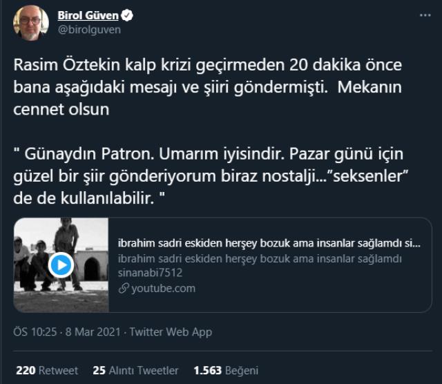 Rasim Öztekin'in kalp krizi geçirmeden 20 dakika önce yapımcı Birol Güven'e mesaj attığı ortaya çıktı