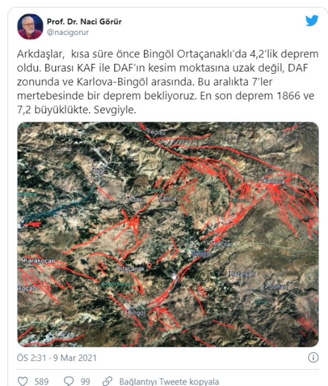 Bingöl'de 4 büyüklüğünde deprem oldu! Prof. Dr. Naci Görür'ün paylaşımı korku yarattı