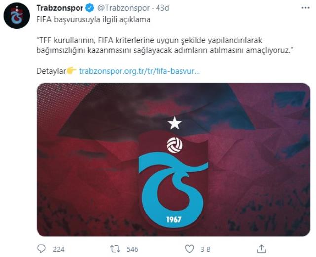 Trabzonspor, TFF kurullarının bağımsız olması için FIFA'ya başvuruda bulundu