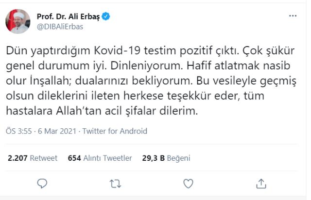 Koronavirüse yakalanan Diyanet İşleri Başkanı Ali Erbaş'ın sağlık durumu belli oldu