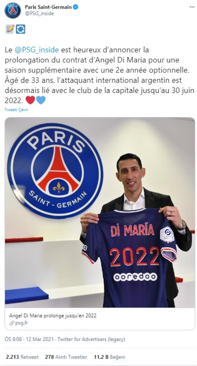 PSG, Angel Di Maria'nın sözleşmesini bir yıl uzattı