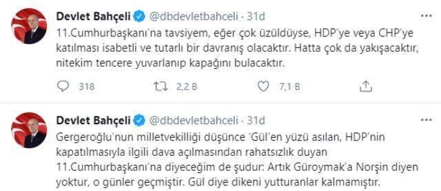 Devlet Bahçeli'den Abdullah Gül'e tepki: 11. Cumhurbaşkanı'na tavsiyem, HDP'ye veya CHP'ye katılması isabetli olacaktır