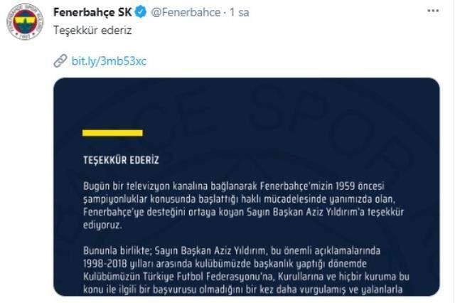 Fenerbahçe'den Aziz Yıldırım'a teşekkür mesajı