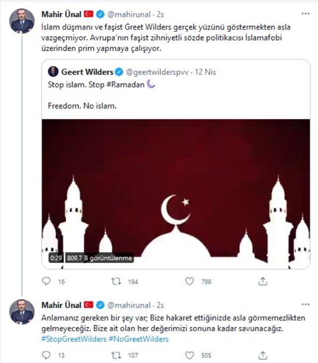 Irkçı Geert Wilders'in Ramazan'ı ve İslamı hedef aldığı mesajına Türkiye'den tepki yağıyor