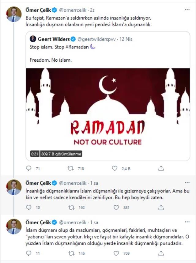 Irkçı Geert Wilders'in Ramazan'ı ve İslamı hedef aldığı mesajına Türkiye'den tepki yağıyor