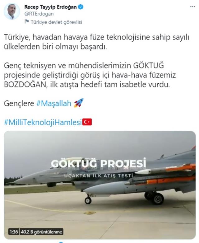 Cumhurbaşkanı Erdoğan sosyal medyadan paylaştı: BOZDOĞAN ilk atışta hedefi tam isabetle vurdu