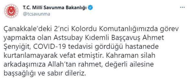 MSB, bir astsubayın koronavirüs nedeniyle hayatını kaybettiğini duyurdu