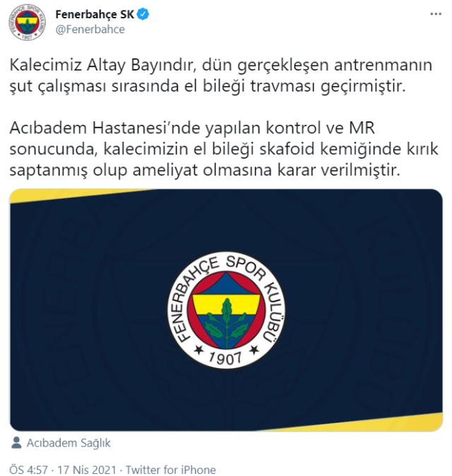 Son Dakika: Fenerbahçe'ye Altay şoku! Başarılı kaleci ameliyata alınıyor
