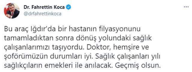Bakan Koca, sağlık çalışanlarının kaza yaptığı otomobili paylaştı
