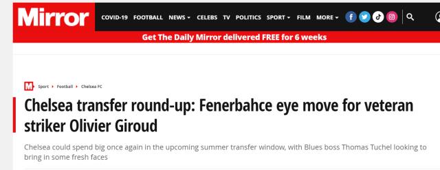 İngiltere'nin en önemli gazetelerinden Mirror, Giroud'nun Fenerbahçe ile anlaştığını iddia etti