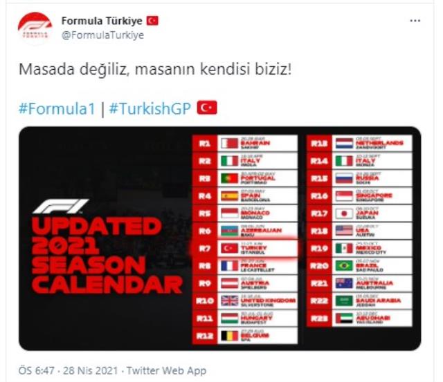 Formula 1 2021 sezonunda 13 Haziran'daki Kanada Grand Prix'si yerine Türkiye takvime alındı
