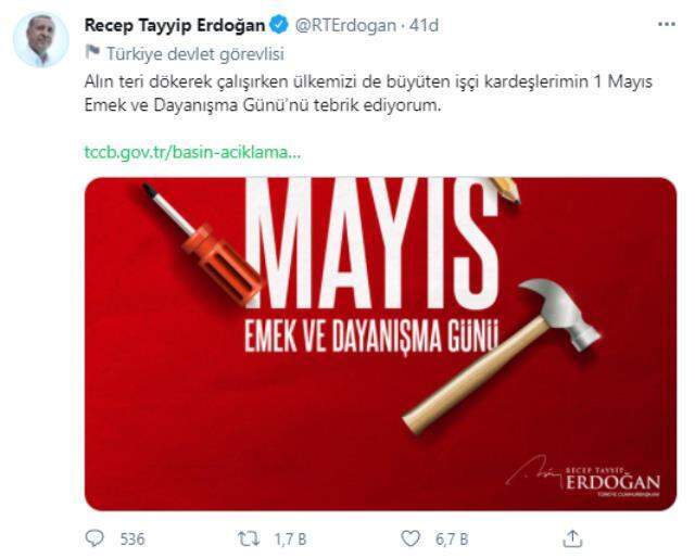 Cumhurbaşkanı Erdoğan: Alın teri döken tüm işçi kardeşlerimizin 1 Mayıs'ını kutluyorum Cumhurbaşkanı Erdoğan: Alın teri döken tüm işçi kardeşlerimizin 1 Mayıs'ını kutluyorum