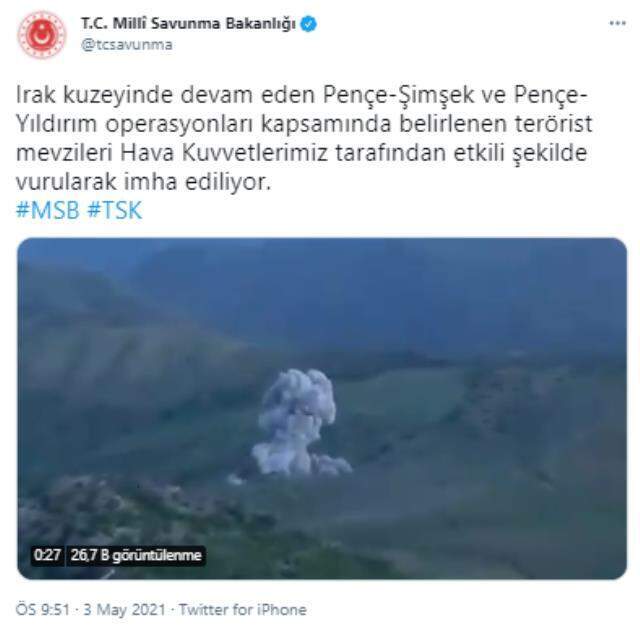 Milli Savunma Bakanlığı paylaştı: Hava Kuvvetleri'nin terörist mevzilerini imha ettiği görüntüler kamerada Milli Savunma Bakanlığı paylaştı: Hava Kuvvetleri'nin terörist mevzilerini imha ettiği görüntüler kamerada
