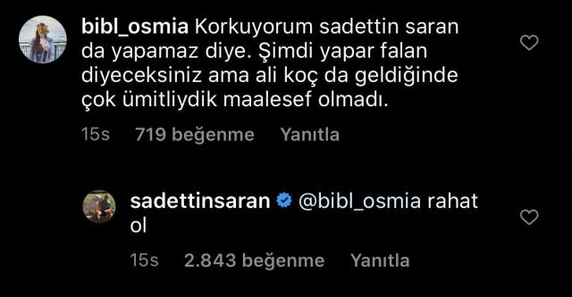Sadettin Saran, takipçisine verdiği cevapla Fenerbahçe başkanlığına yeşil ışık yaktı