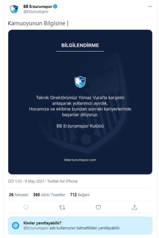 Erzurumspor gece yarısı Yılmaz Vural'ı kovdu, ayrılık açıklaması da yorumlara kapatıldı Erzurumspor gece yarısı Yılmaz Vural'ı kovdu, ayrılık açıklaması da yorumlara kapatıldı