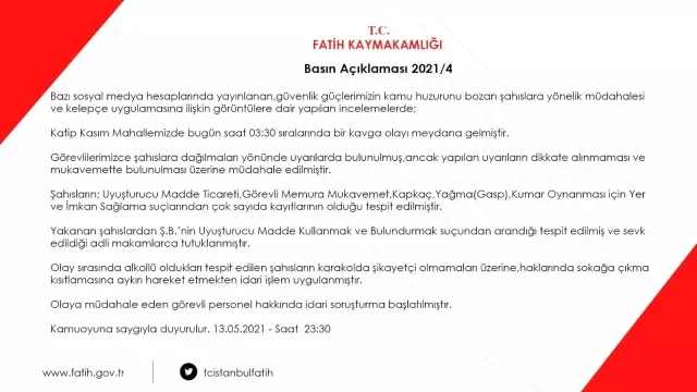 Fatih Kaymakamlığı'ndan gözaltı görüntüsüne açıklama