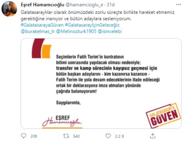 Galatasaray'da başkan adaylarından Fatih Terim çağrısı