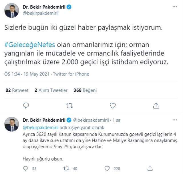 Bakan Pakdemirli sosyal medyadan duyurdu: Ormancılık faaliyeti için 2 bin geçici işçi alınacak Bakan Pakdemirli sosyal medyadan duyurdu: Ormancılık faaliyeti için 2 bin geçici işçi alınacak