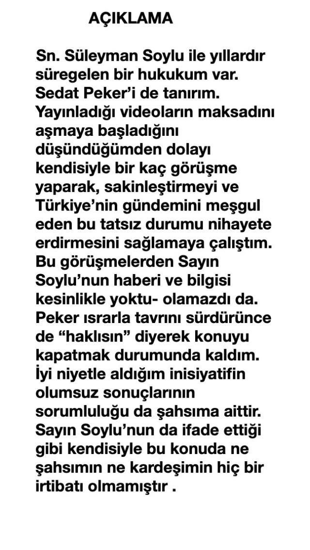 Hadi Özışık, Sedat Peker'in yayınladığı kayıtların ardından ilk açıklamasını yaptı: Soylu'nun haberi yoktu