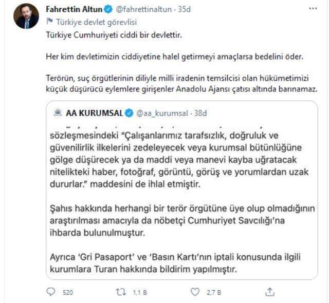 Anadolu Ajansı, iki bakana Sedat Peker sorusu soran muhabirle yollarını ayırdı Anadolu Ajansı, iki bakana Sedat Peker sorusu soran muhabirle yollarını ayırdı