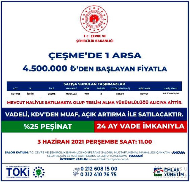 Bakanlık Çeşme'deki 1 arsayı 4,5 milyon liraya satışa çıkardı Bakanlık Çeşme'deki 1 arsayı 4,5 milyon liraya satışa çıkardı