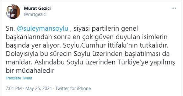 Gezi Anket Şirketi'nin başkanı Murat Gezici'den Bakan Soylu paylaşımı: Soylu üzerinden Türkiye'ye yapılmış müdahaledir