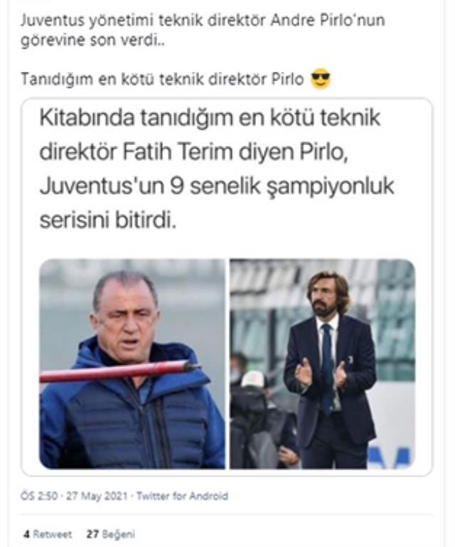 Fatih Terim için 'Taktik bilmiyor' diyen Pirlo'nun bir yılda Juventus'tan kovulması alay konusu oldu