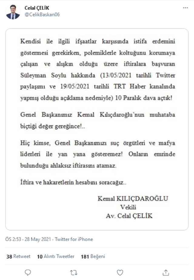Kılıçdaroğlu, kendisini Sedat Peker üzerinden eleştiren Bakan Soylu'ya 10 kuruşluk dava açtı