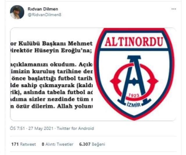 Rıdvan Dilmen, Altınordu Başkanı'ndan özür diledi: Bana tabela futbol adamlığı yaptığımı hatırlattınız