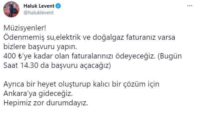 Haluk Levent, çalışmadıkları için 'Perişanız' diyen müzisyenlerin faturalarını ödemek için çağrı yaptı