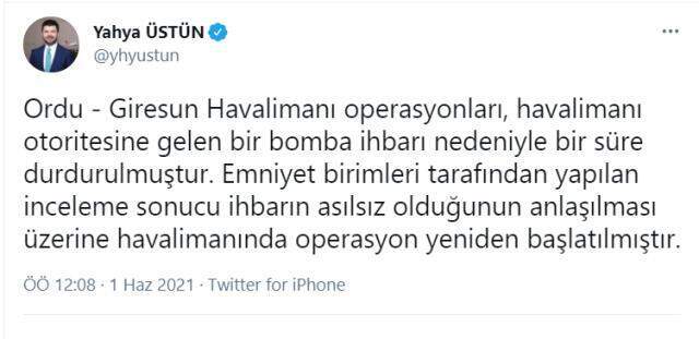 Ordu-Giresun Havalimanı'nda uçağa bomba ihbarı Ordu-Giresun Havalimanı'nda uçağa bomba ihbarı