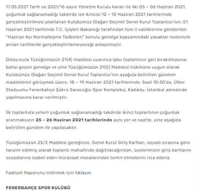 Fenerbahçe'deki başkanlık seçiminin tarihi kısıtlamalar sebebiyle değiştirildi Fenerbahçe'deki başkanlık seçiminin tarihi kısıtlamalar sebebiyle değiştirildi