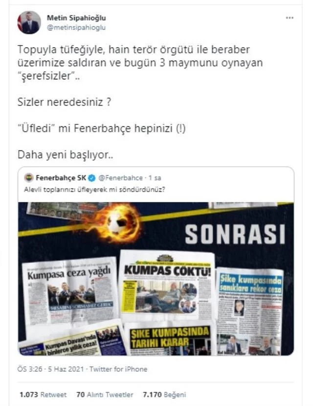 Fenerbahçe'de yönetici Metin Sipahioğlu, basını bombaladı: Üç maymunu oynayan şerefsizler