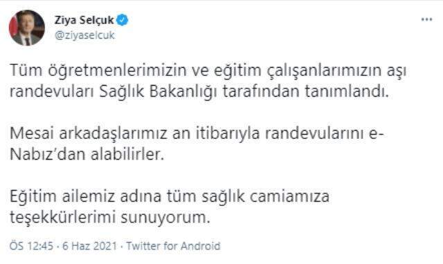 Son Dakika: Tüm öğretmen ve eğitim çalışanlarının koronavirüs aşı randevuları açıldı Son Dakika: Tüm öğretmen ve eğitim çalışanlarının koronavirüs aşı randevuları açıldı