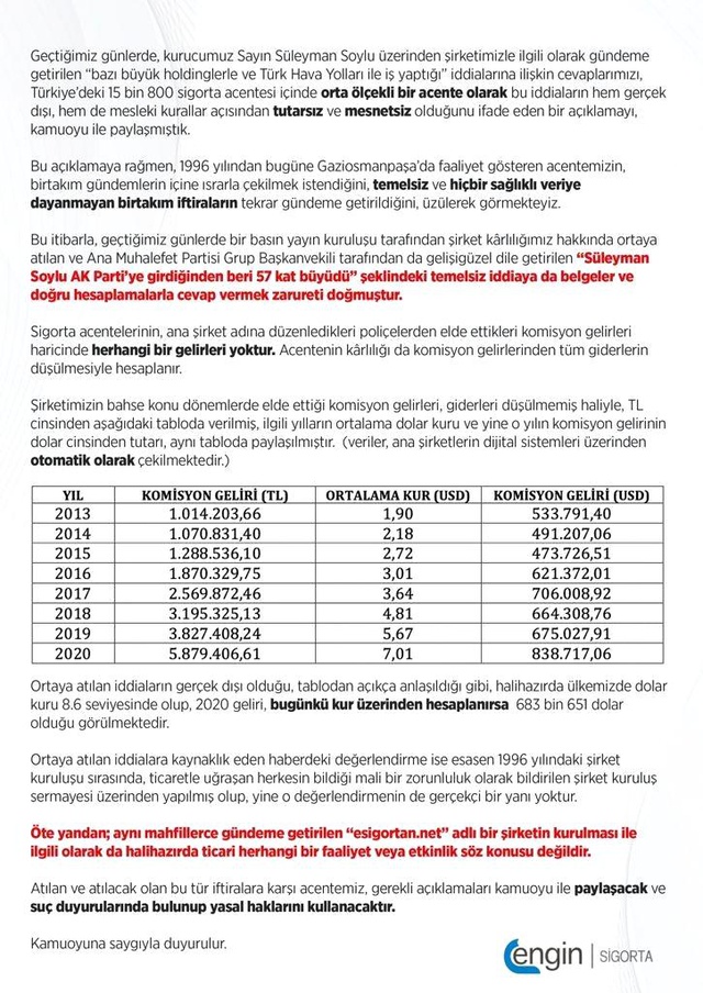 Engin Sigorta'dan 'bazı büyük holdinglerle ve Türk Hava Yolları ile iş yaptığı' iddialarına ilişkin açıklama Engin Sigorta'dan 'bazı büyük holdinglerle ve Türk Hava Yolları ile iş yaptığı' iddialarına ilişkin açıklama