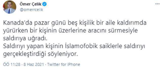 Kanada'da Müslüman aileye yapılan saldırıyla ilgili AK Parti Sözcüsü Ömer Çelik'ten tepki: Bu saldırıları İslam düşmanlığından ayrı göremeyiz
