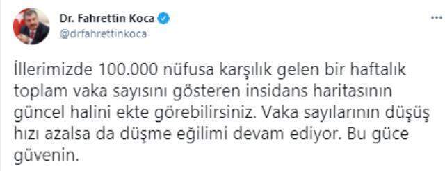 Son Dakika: Bakan Koca illere göre haftalık 100 bin kişide görülen vaka sayısını açıkladı Son Dakika: Bakan Koca illere göre haftalık 100 bin kişide görülen vaka sayısını açıkladı