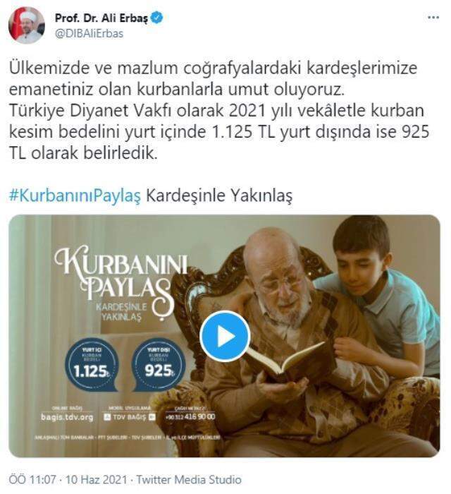 Son dakika: 2021 yılı vekalet yoluyla kurban kesim bedelleri belirlendi: Yurt içinde 1.125, yurt dışında 925 lira Son dakika: 2021 yılı vekalet yoluyla kurban kesim bedelleri belirlendi: Yurt içinde 1.125, yurt dışında 925 lira