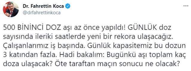 Sağlık Bakanı Koca: 'Günlük doz sayısında ileriki saatlerde yeni bir rekora ulaşacağız' Sağlık Bakanı Koca: 'Günlük doz sayısında ileriki saatlerde yeni bir rekora ulaşacağız'