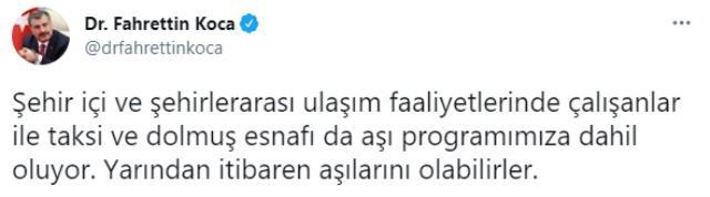 Son Dakika! Taksi ve dolmuş esnafı ile ulaşım faaliyetlerinde çalışanlar yarından itibaren aşı olabilecek