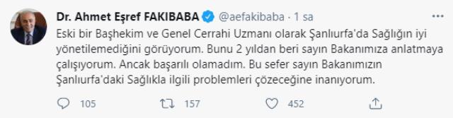 AK Partili Fakıbaba'dan Bakan Koca'ya Şanlıurfa eleştirisi: 2 yıldan beri anlatmaya çalışıyorum, sağlık sistemi iyi yönetilmiyor